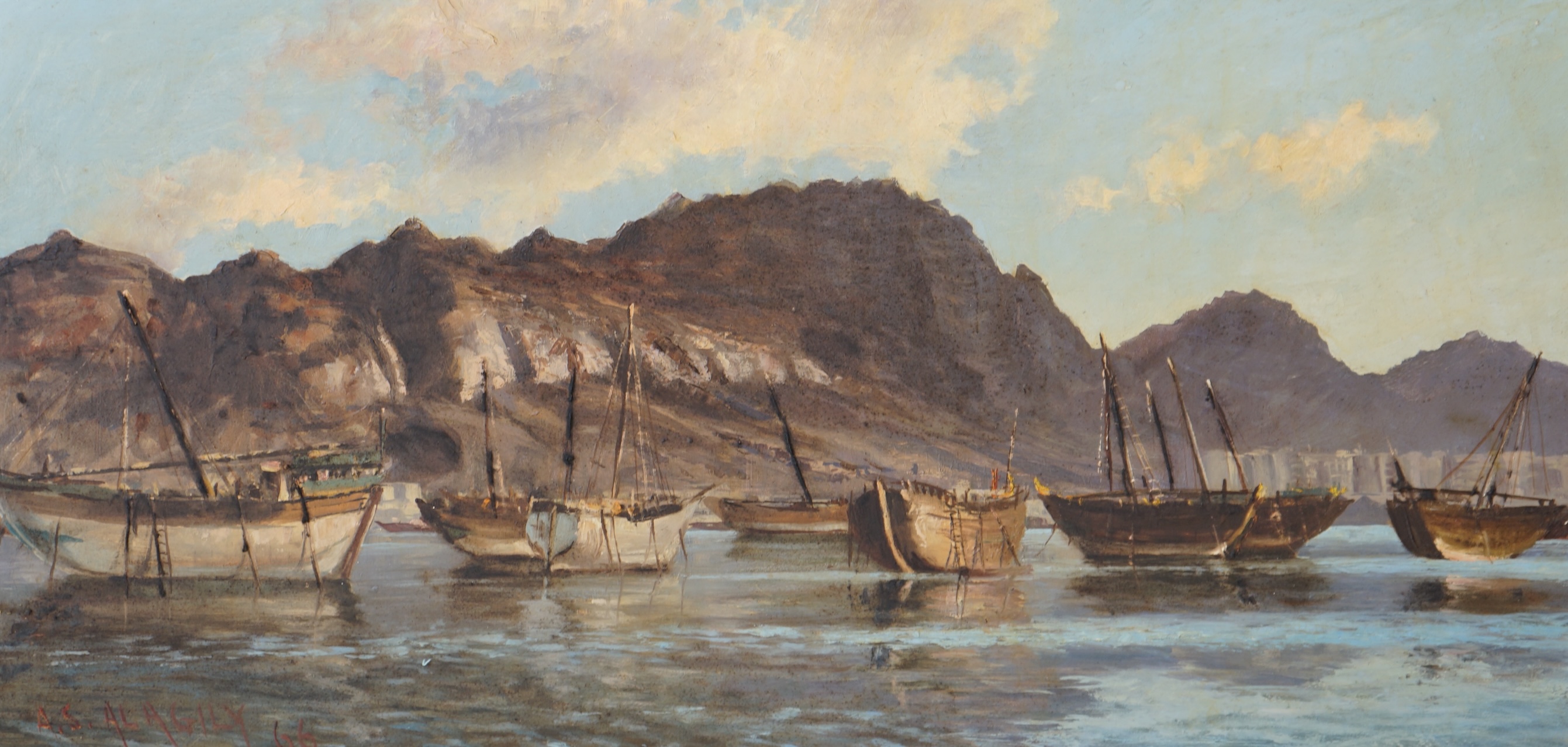 A.S. Al Agily, oil on board, Shipping moored off the coast, signed and dated '66, 39 x 80cm. Condition - good, would benefit from a clean